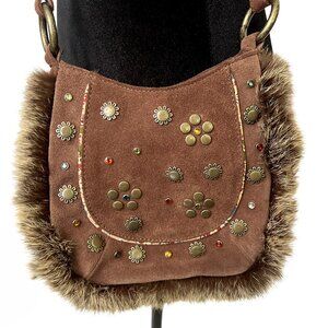 Bcbgirls Y2K Leather Crossbody Bag Rabbit Fur BOHO Festival Casual Hippie Rare